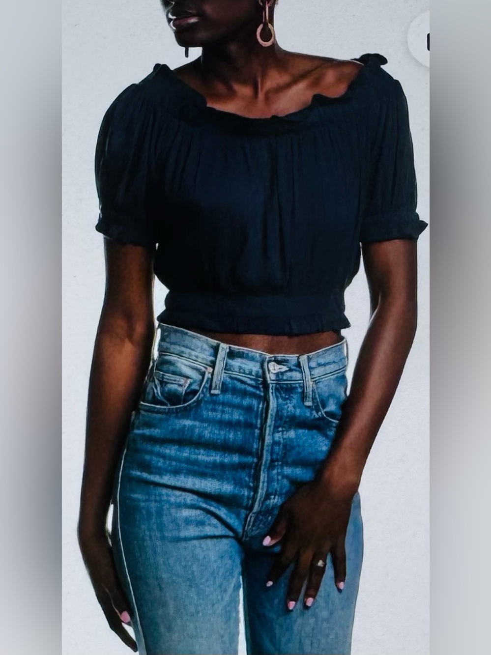 ELAN Off The Shoulder Cropped Top Blouse Dark Navy Blue Medium